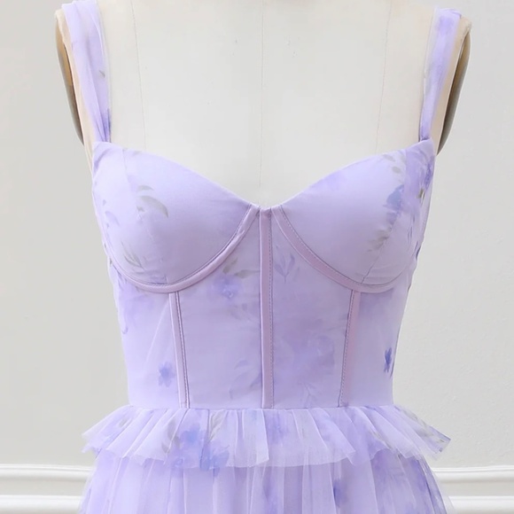 Berylove Lavender A Line Corset Spaghetti Straps Floral Tiered Maxi Dress - Picture 4 of 5